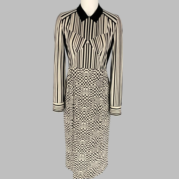 MARC JACOBS Size 2 Black White Silk Graphic Long Sleeve Midi Dress