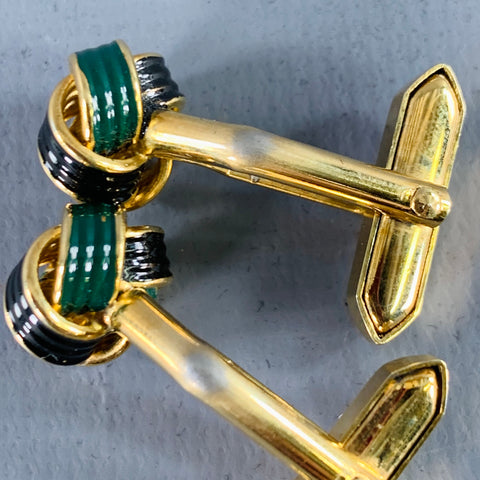 VINTAGE Gold Green Black Knots Metal Cuff Links