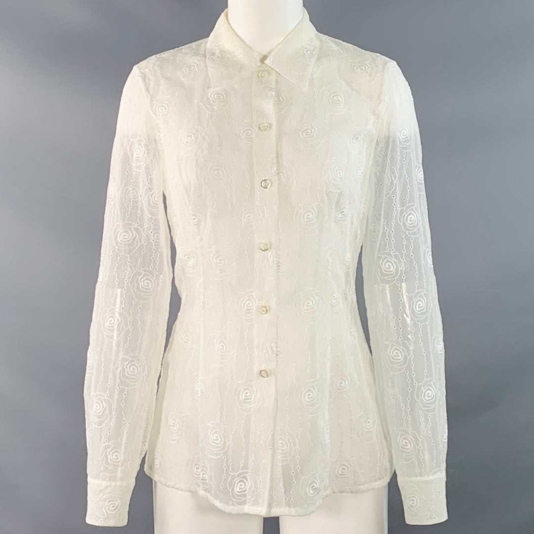 ESCADA Size XS Cream Polyester Embroidered Floral Eyelet Button Up Shirt
