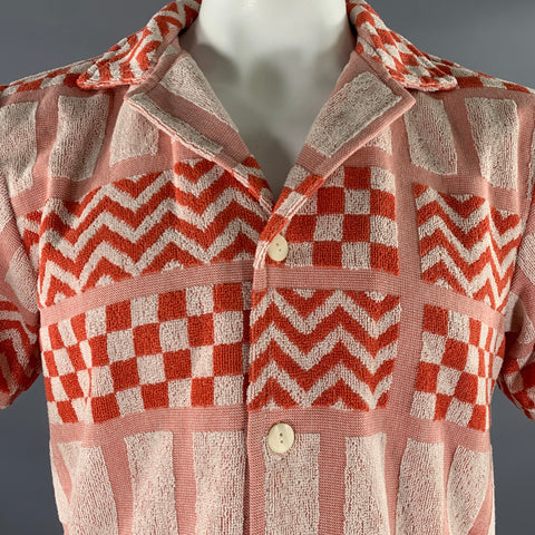OAS Size L Orange White Abstract Terry Camp Short Sleeve Shirt