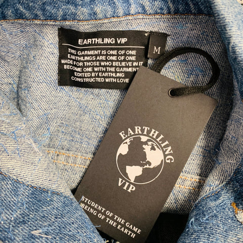 EARTHLING VIP Size M Poetic Lust Blue White Yellow Crochet Lace Cotton Trucker Jacket