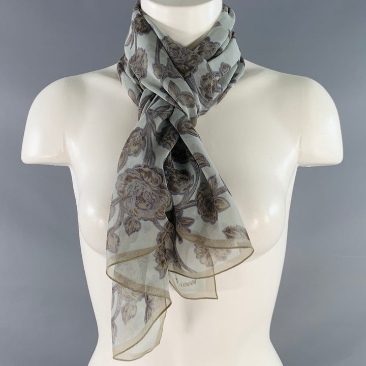 GIORGIO ARMANI Grey Blue Floral Silk Scarf Shawl