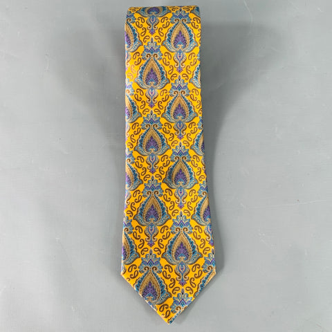 ERMENEGILDO ZEGNA Gold Blue Abstract Silk Satin Tie