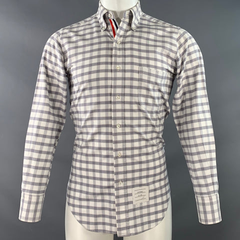 THOM BROWNE Size S Grey White Oxford Checkered Cotton Long Sleeve Shirt