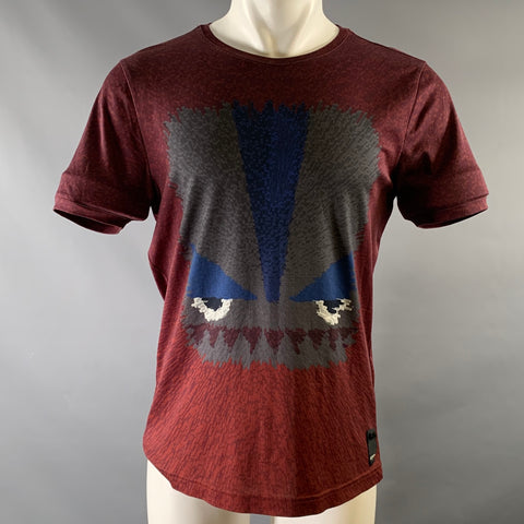 FENDI Size M Burgundy Blue Print Cotton T Shirt