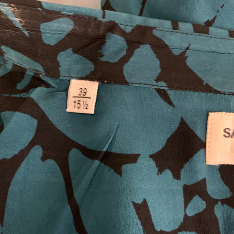 SAINT LAURENT Size S Turquoise Black Abstract Floral Silk Short Sleeve Shirt