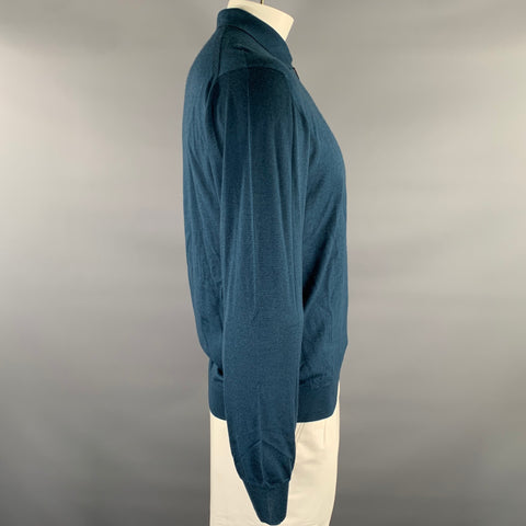 BRIONI Size XXL Blue Teal Knitted Cashmere Silk Quarter Zip Pullover