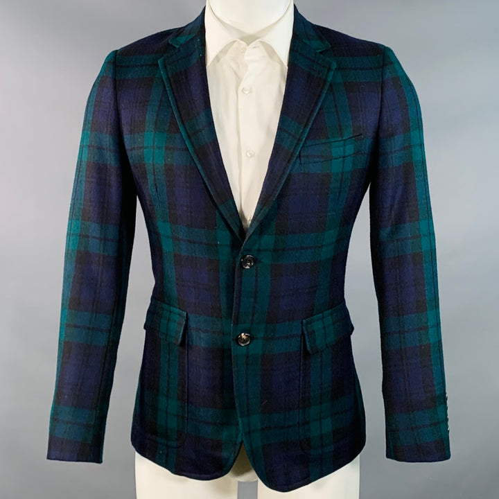 BAND OF OUTSIDERS Size 40 Regular Green Blue Plaid Wool Twill Notch Lapel Sport Coat