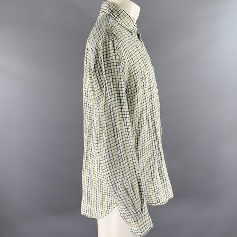 TS (S) Size M White Green Black Check Linen Pointed Collar Long Sleeve Shirt
