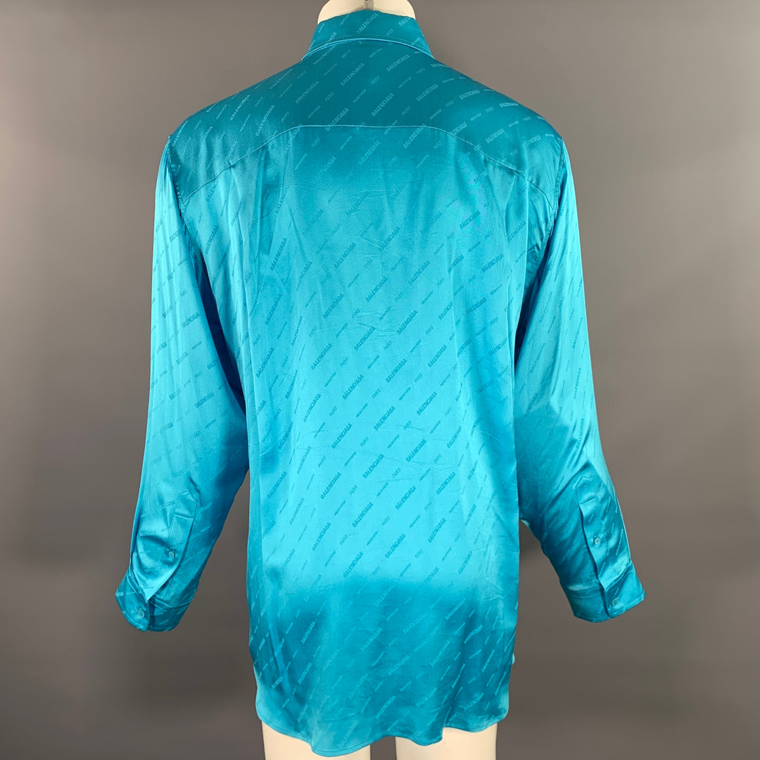 BALENCIAGA Size M Blue Aqua Monogram Silk Button Down Long Sleeve Shirt