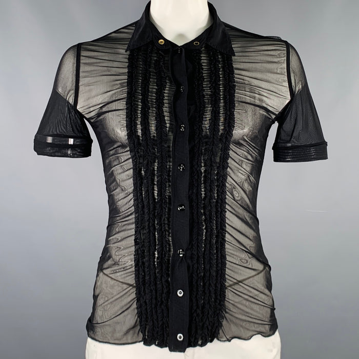 GAULTIER JEANS Size L Black Ruffled Nylon Blend Shirt