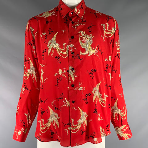 BILLIONAIRE COUTURE Size XL Red Black & Gold Print Silk Long Sleeve Shirt