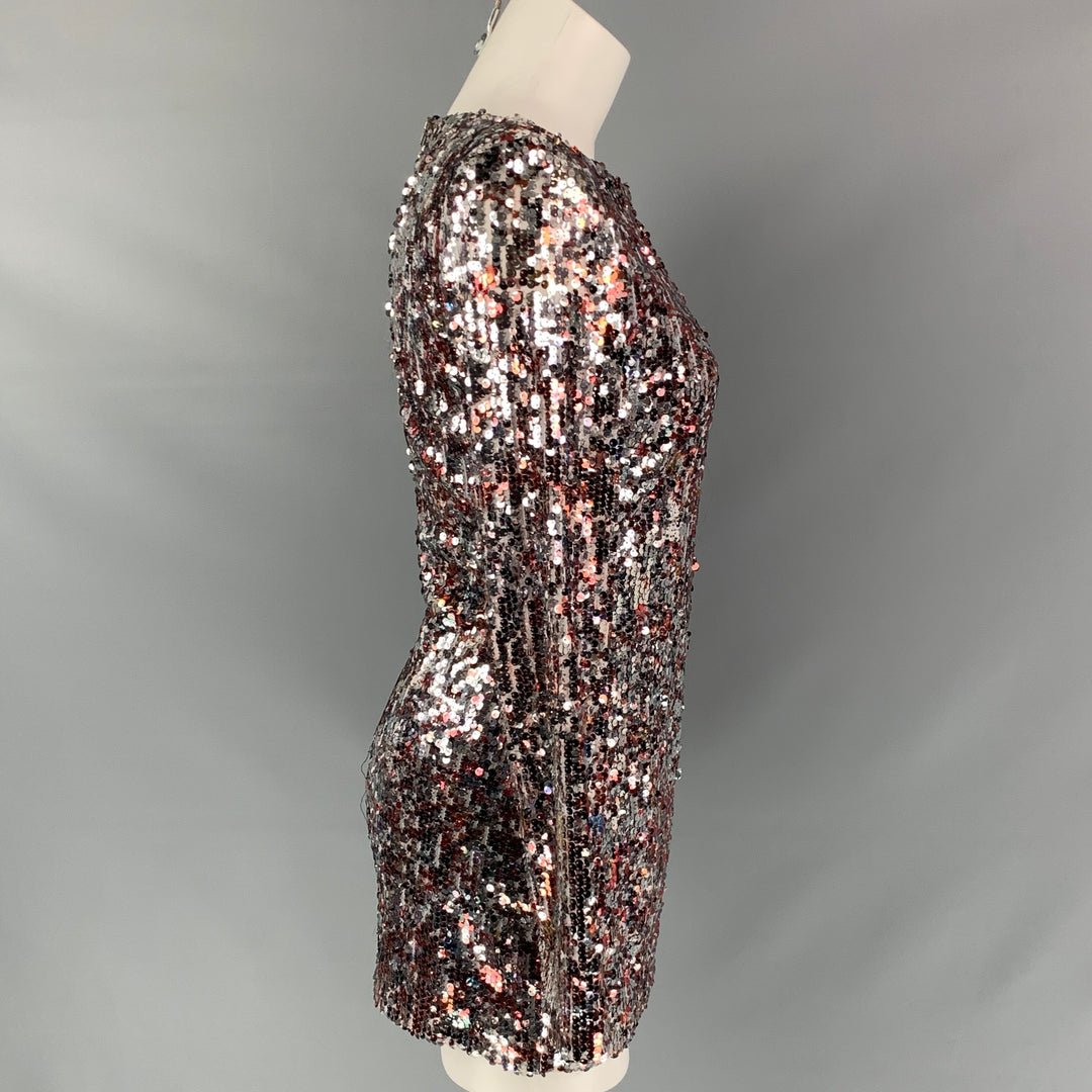 BADGLEY MISCHKA Size M Silver Burgundy Sequined Long Sleeve Mini Dress