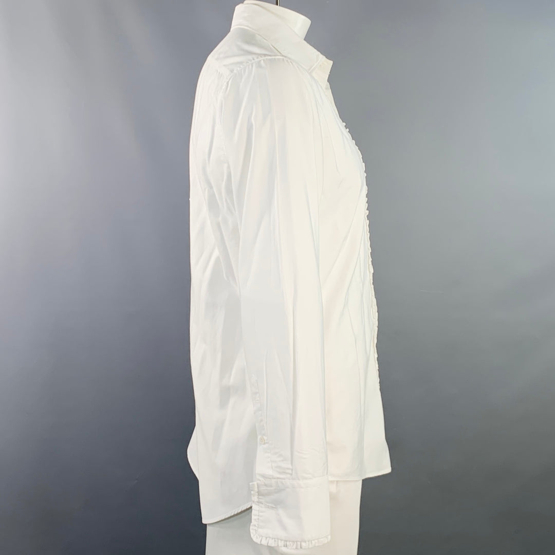 JIL SANDER Size 42 White Ruffled Cotton Tuxedo Long Sleeve Shirt