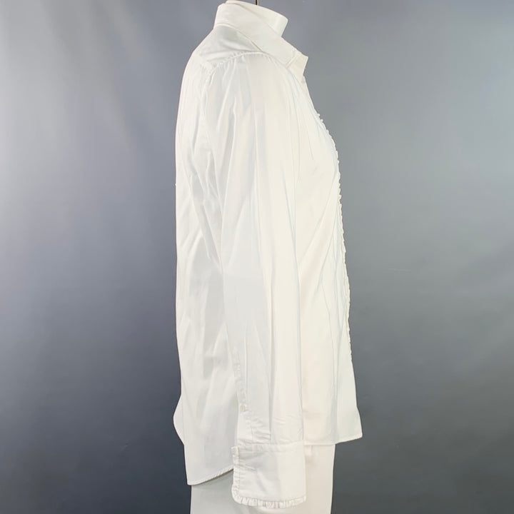 JIL SANDER Size 42 White Ruffled Cotton Tuxedo Long Sleeve Shirt
