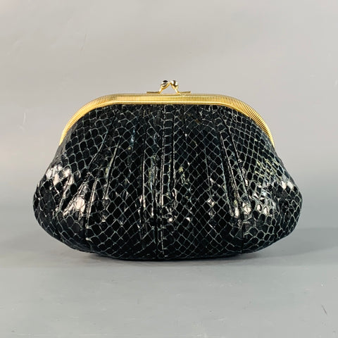 JUDITH LEIBER Vintage Black Gold Tone Snakeskin Leather Kiss Lock Evening Handbag