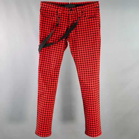 NUMBER (N)INE Size M Red Black Cotton Blend Checkered Straps Zip Fly Bondage Casual Pants