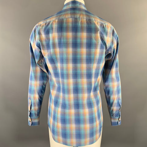 PRADA Size M Blue Yellow Plaid Cutaway Long Sleeve Shirt