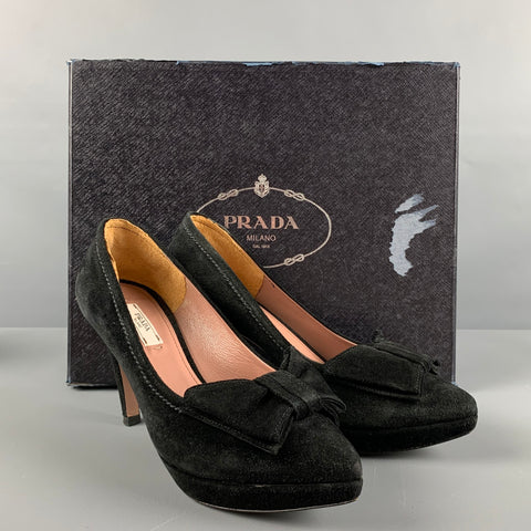 PRADA Size 5 Black Suede Bow Platform Pumps