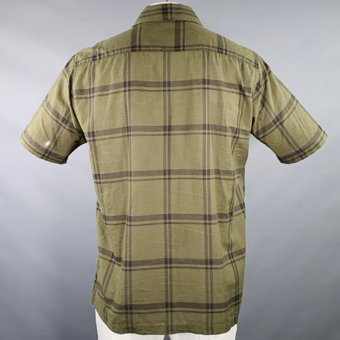 SAGE DE CRET Size L Green Black Plaid Cotton Silk Short Sleeve Shirt
