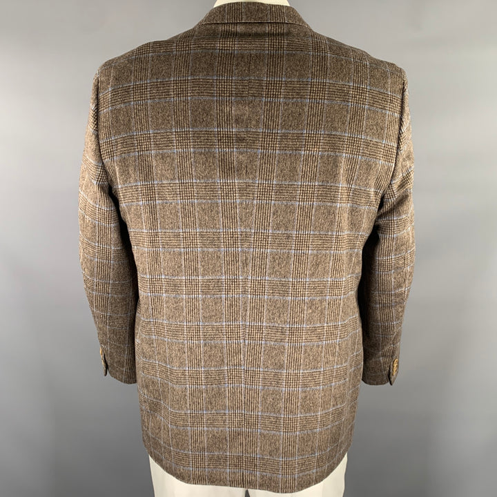 PETER PANOS Chest Size 44 Brown Blue Plaid Cashmere Notch Lapel Sport Coat