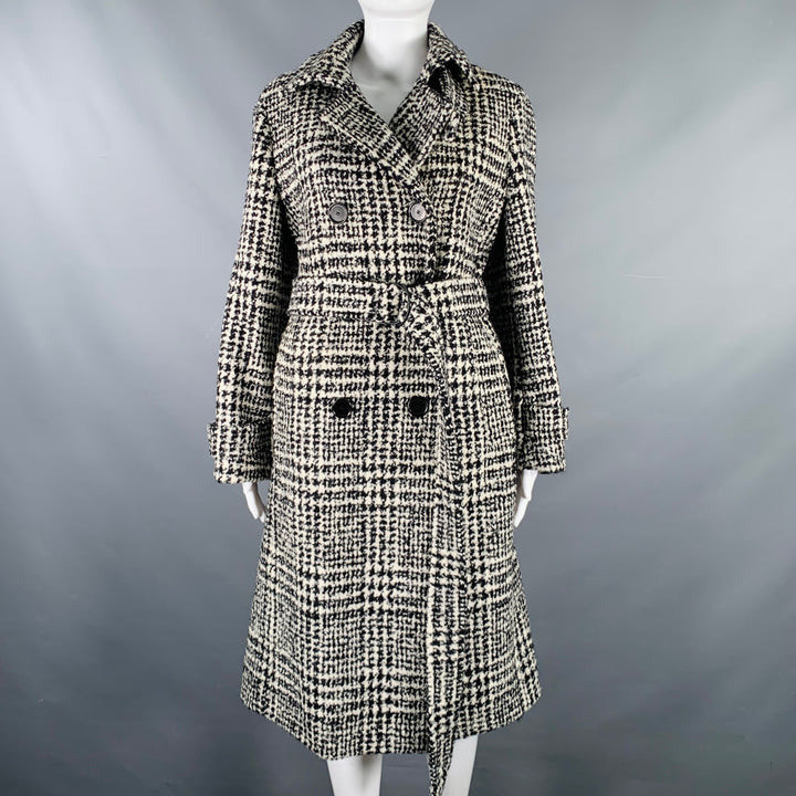 AKRIS Size 8 Black White Wool Blend Plaid Trench Coat