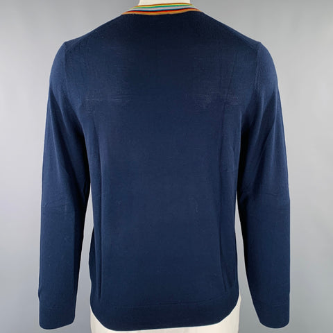 PAUL SMITH Size L Navy Multi Color Merino Wool Contrast Trim Pullover