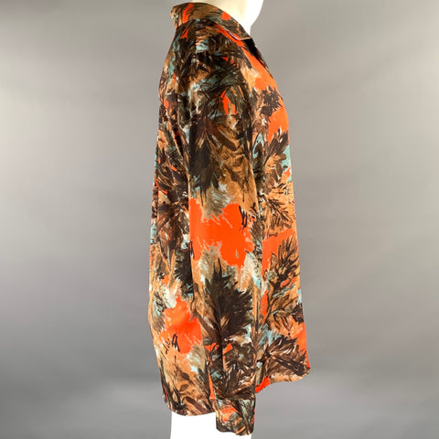 BED J.W. FORD Size S Orange Brown Blue Leaf Print Polyester Camp Collar Long Sleeve Shirt