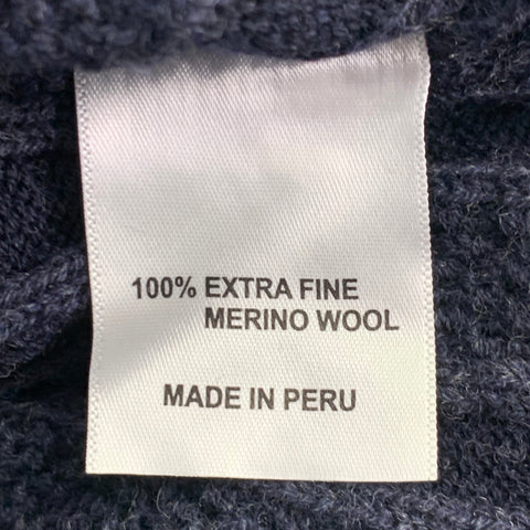 LENOR ROMANO Size M Navy Cable Knit Merino Wool V-Neck Pullover