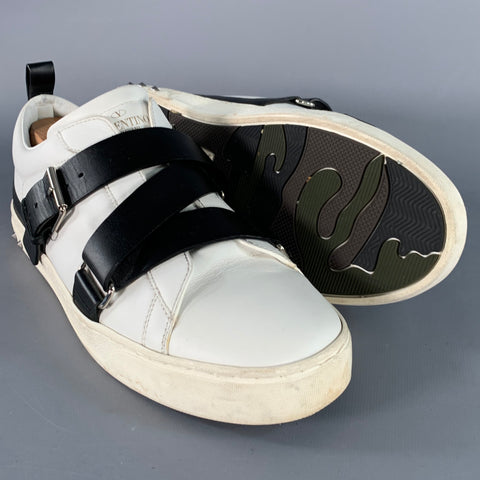 VALENTINO Size 8.5 White Black Two Toned Leather Belted Sneakers
