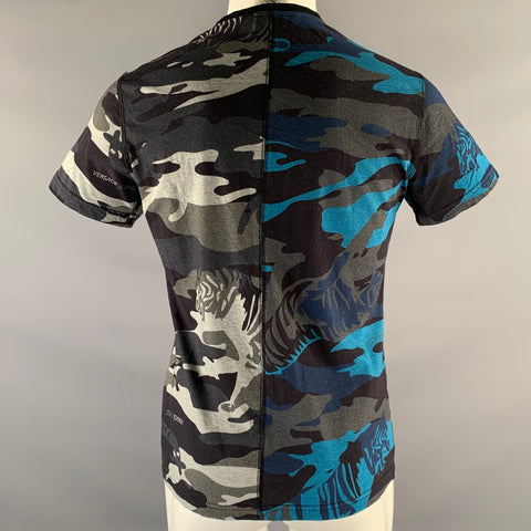 VERSACE Size S Navy Grey Black Tiger Camo Cotton Panelled T-shirt