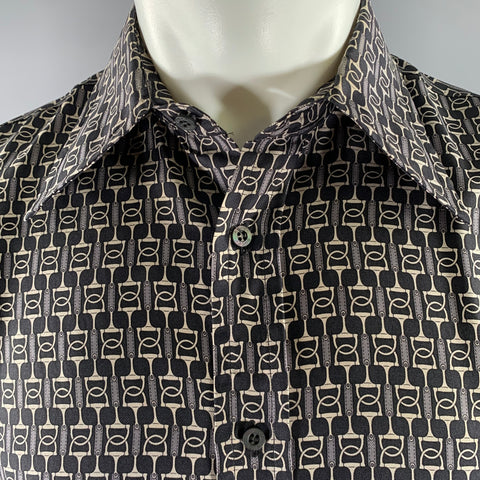 GUCCI Size S Black Grey Horsebit Silk Long Sleeve Shirt
