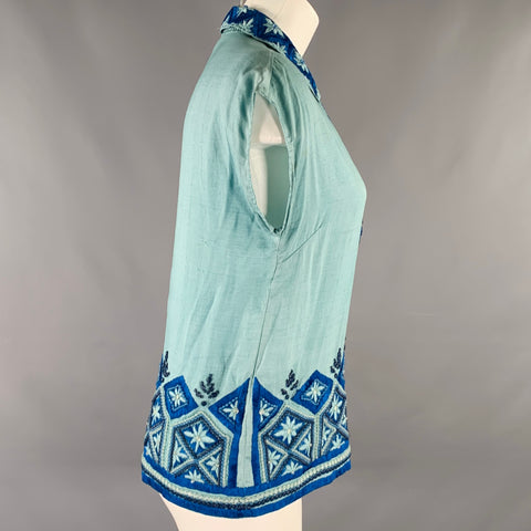 DRIES VAN NOTEN Size 4 Blue Light Blue Silk Embroidered Sleeveless Casual Top