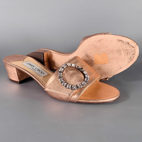 JIMMY CHOO Size 8.5 Gold Rose Leather Slip On Sandals