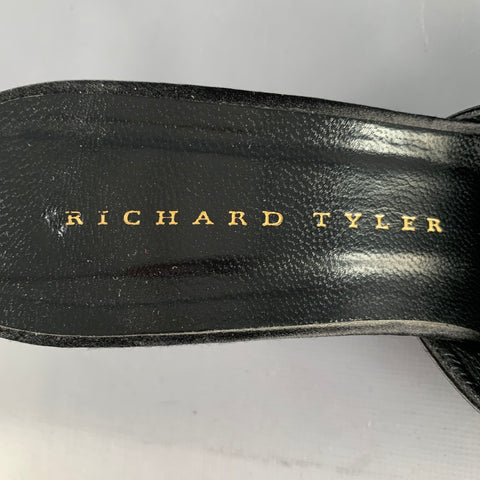 RICHARD TYLER Size 9.5 Black Satin Floral Kitten Heel Mule Sandals