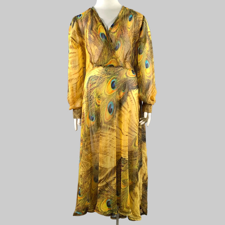 MADAME ADASSA Size XXL Yellow Brown Chiffon Peacock Long Sleeve Ankle Dress