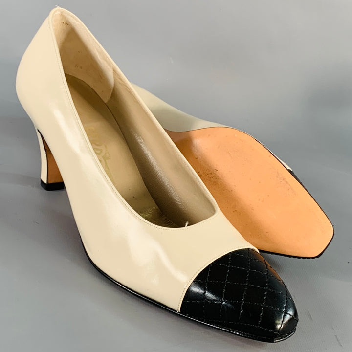 SALVATORE FERRAGAMO Size 9 Beige Black Leather Quilted Cap Toe Pumps