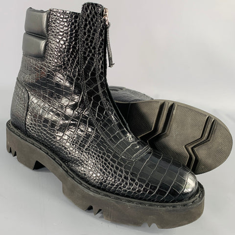 AQUATALIA Size 11 Black Leather Croc Embossed Zip Up Boots