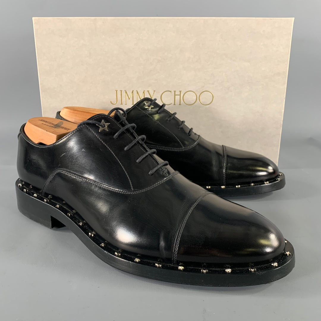 JIMMY CHOO Size 8 Black Studded Leather Cap Toe Lace Up Shoes