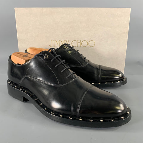 JIMMY CHOO Size 8 Black Studded Leather Cap Toe Lace Up Shoes