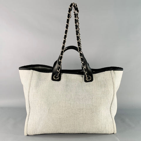 CHANEL Deanville Black Grey Tweed Straw Canvas Tote Leather Handles Handbag