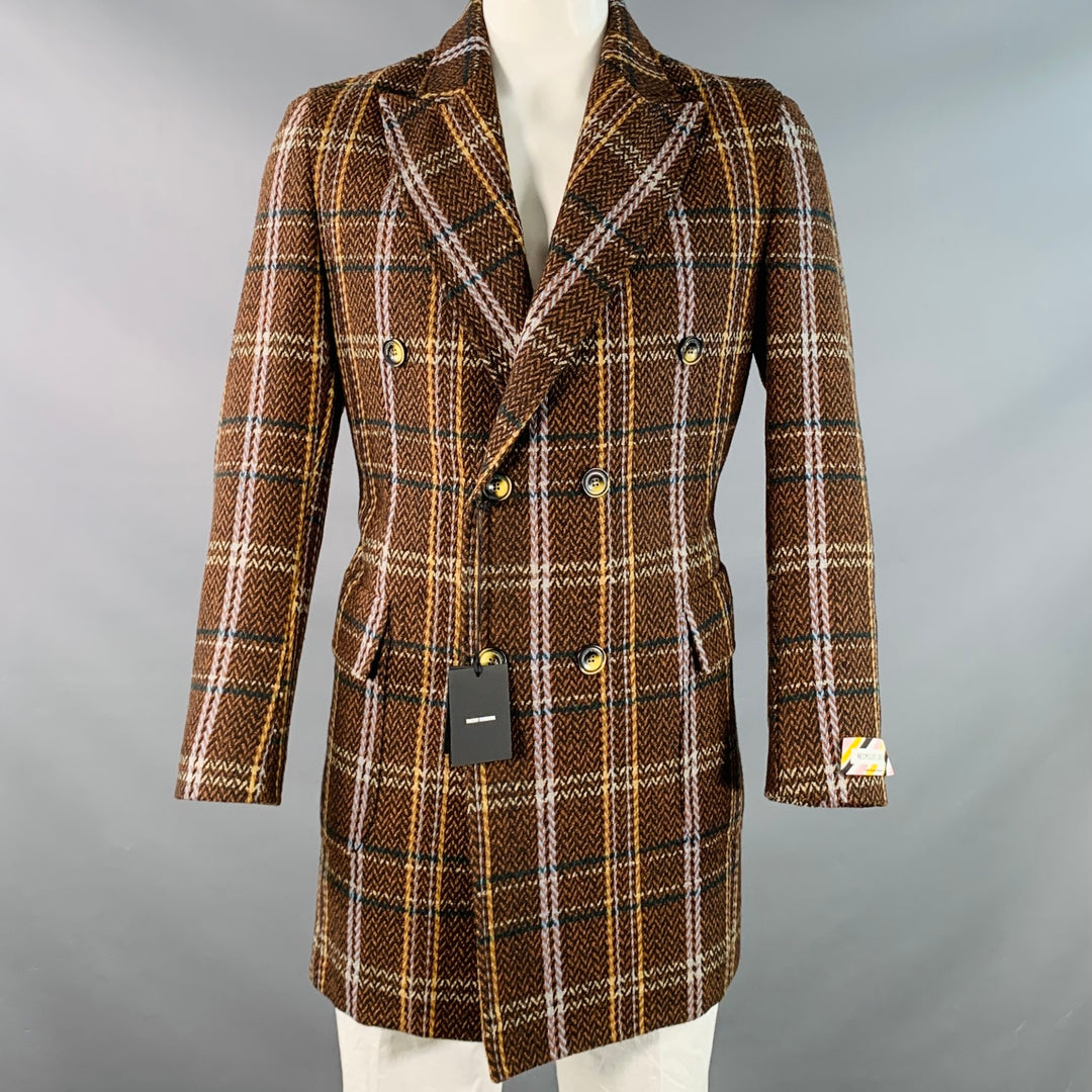 TAKESHY KUROSAWA Size 44 Brown Multi Color Plaid Double Breasted Peak Lapel Coat