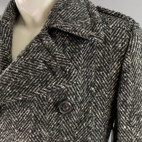 WOOSTER + LARDINI Size 36 Black Grey White Herringbone Wool Peacoat Coat
