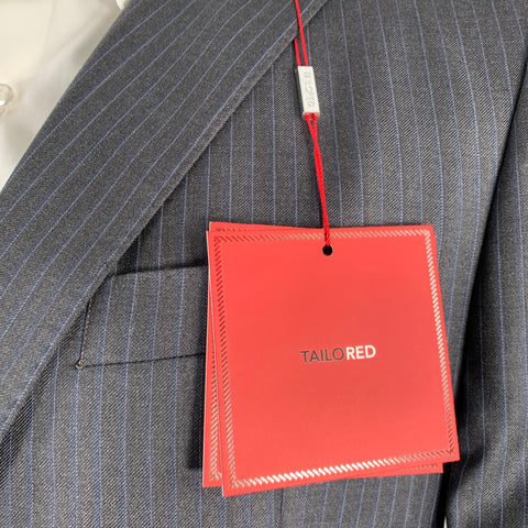 TAILO RED Size 40 Grey Light Blue Pinstripe Wool Single Breasted Suit