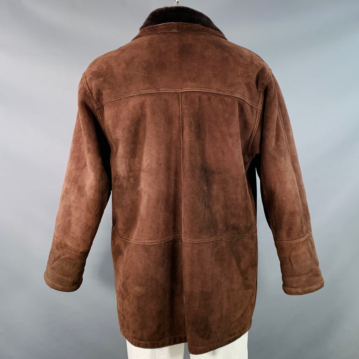 ORVIS Size L Brown Suede Shearling Lined Zip Buttons Coat