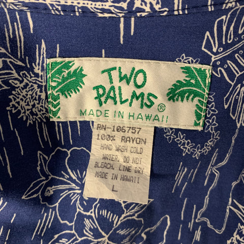 TWO PALMS Size L Blue White Graphic Rayon Camp Short Sleeve Shirt