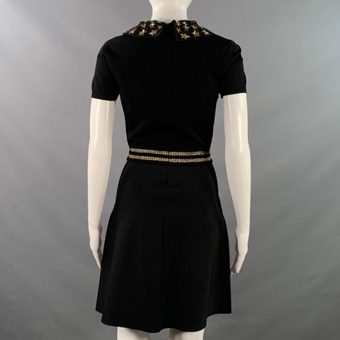 VALENTINO Size M Black Gold Viscose Blend Stars Applique Short Sleeve Dress