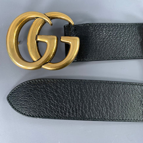 GUCCI Size 30 Black Gold Monogram Leather Metal Belt