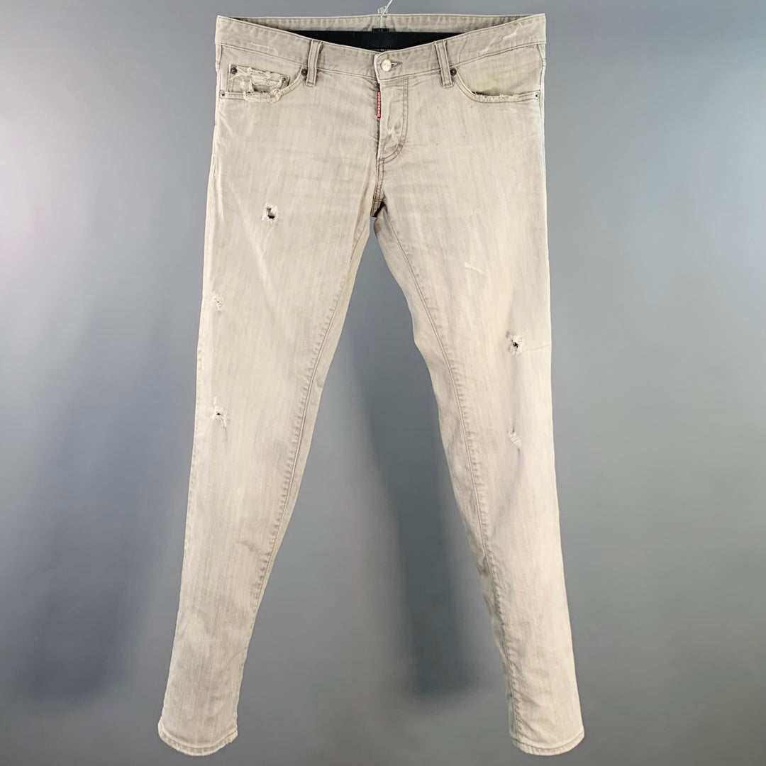 DSQUARED2 Size 36 Grey Distressed Cotton Blend Slim Cut Jeans