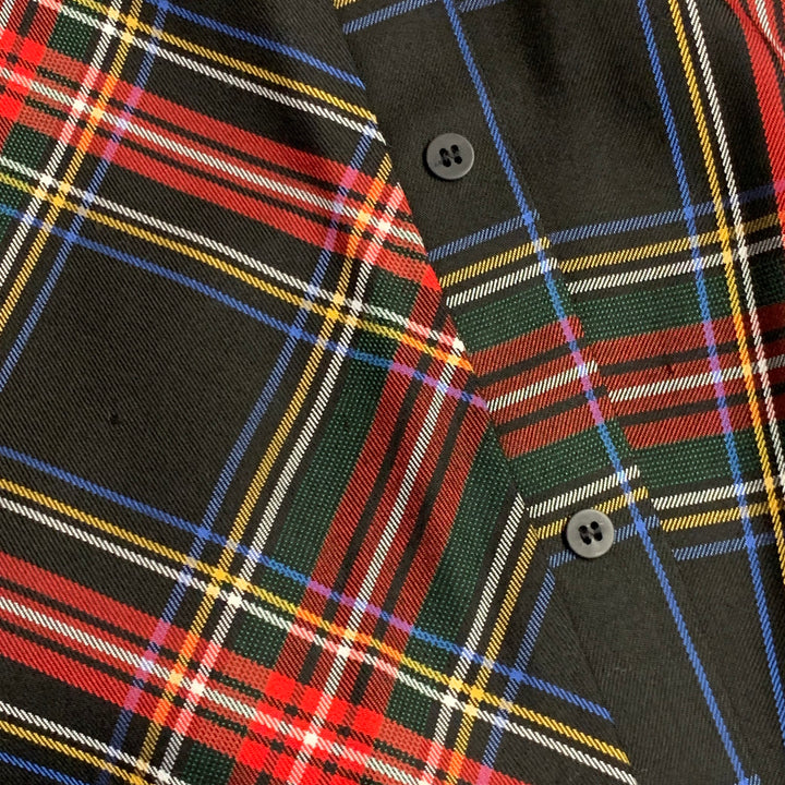 MAJE Size S Black Multi Color Acetate Blend Plaid Asymmetrical Casual Top